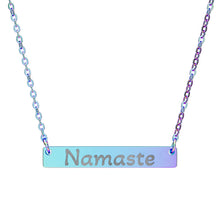 Load image into Gallery viewer, Necklace with 'Namaste' pendant on a gradient blue and purple background