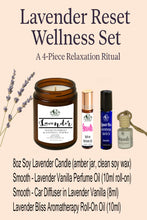 Load image into Gallery viewer, Lavender Reset Wellness Set with candle, perfume oil, diffuser, and roll-on oil on a beige background.