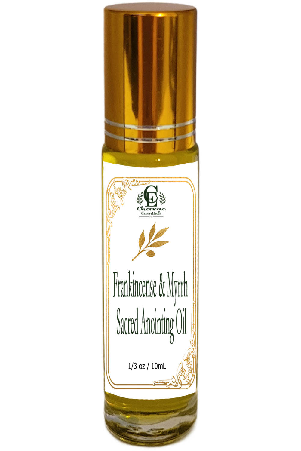Bottle of Frankincense & Myrrh Sacred Anointing Oil with gold cap on a white background