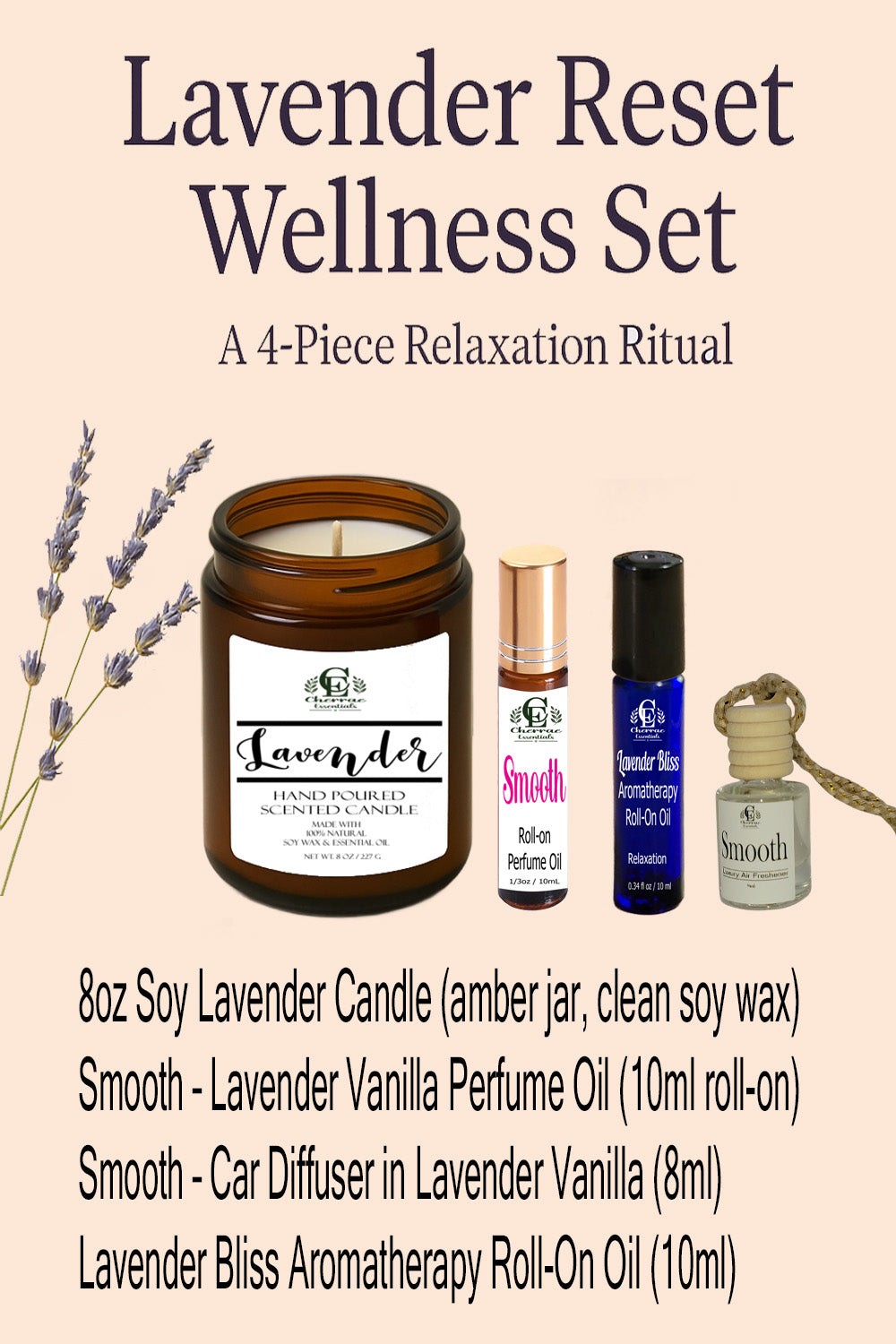 Lavender Reset Wellness Set with candle, perfume oil, diffuser, and roll-on oil on a beige background.