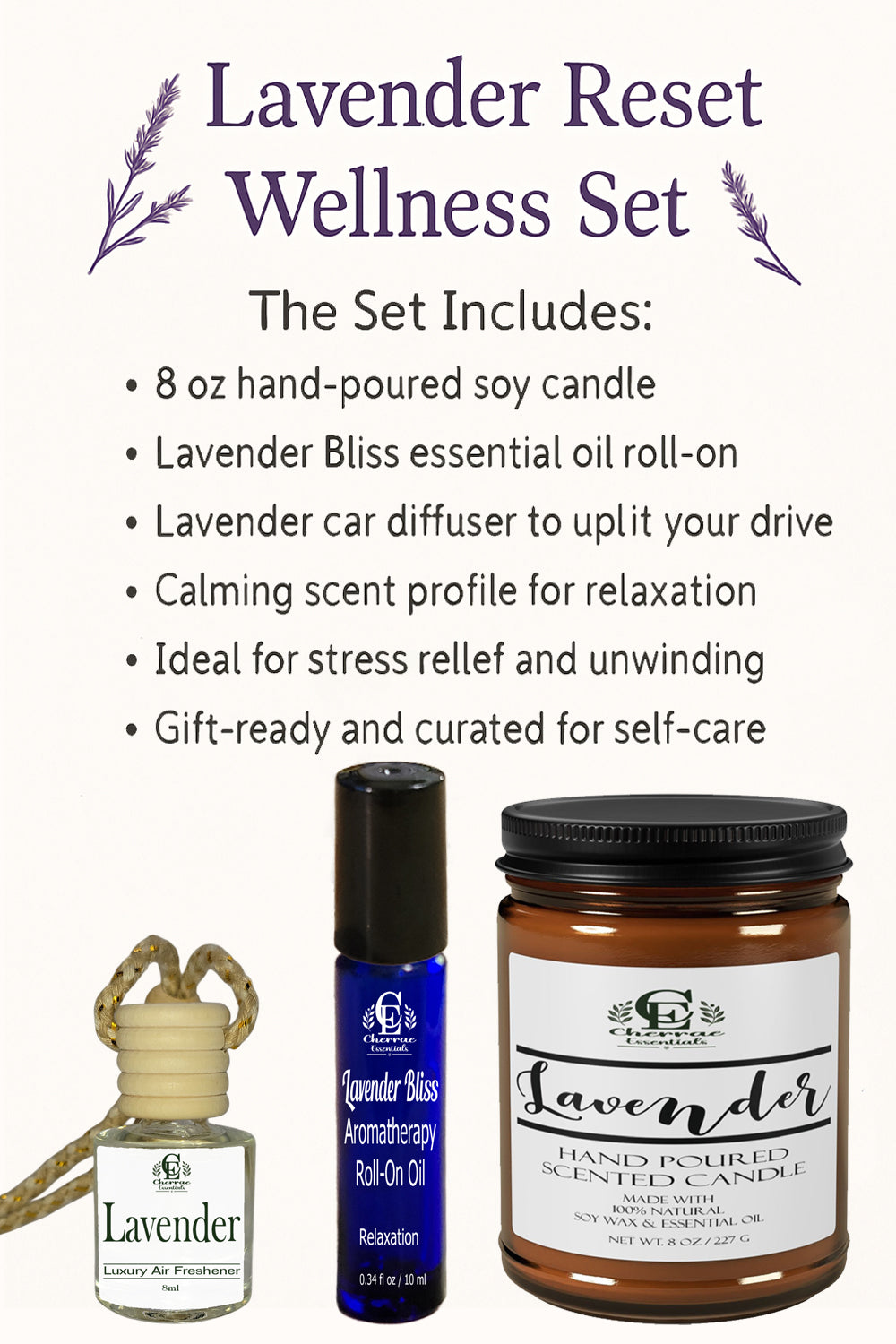 Lavender Reset Wellness Set with candle, oil roll-on, and diffuser